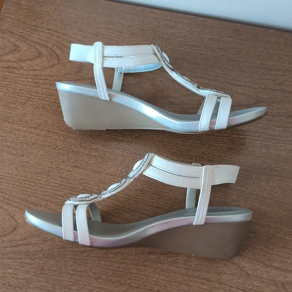 Bandolino Cream and Tan Embellished Wedge Sandals